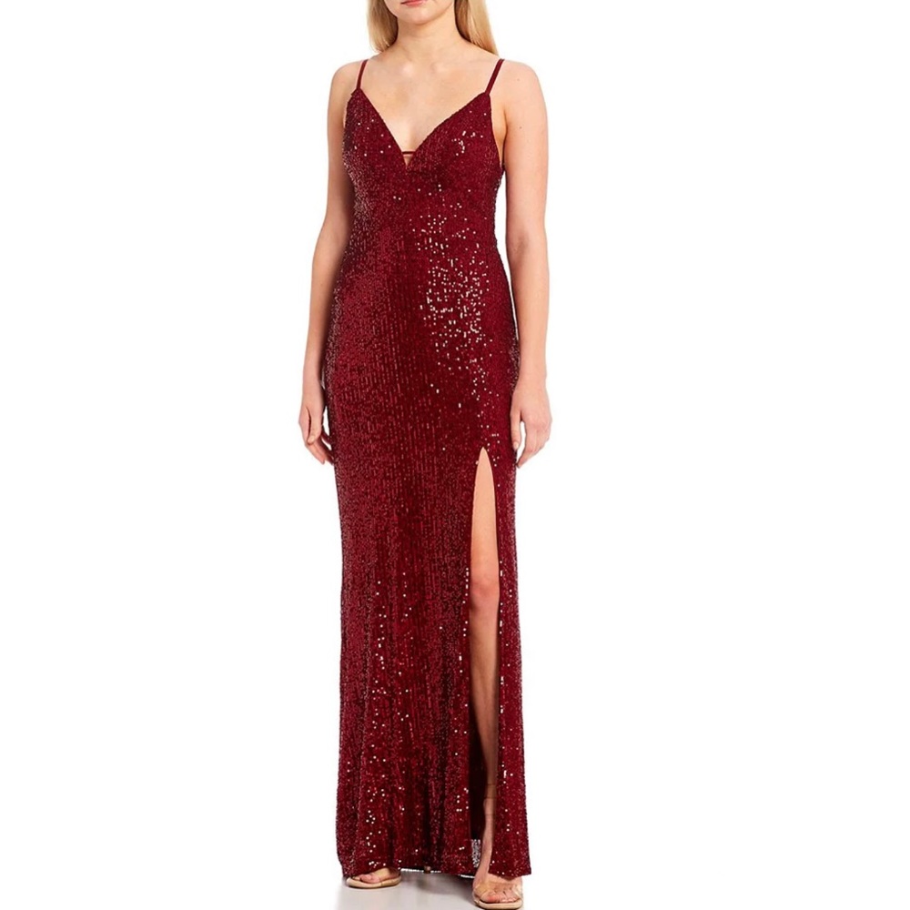 B. Smart Burgundy V-Neck Sequin Formal Gown with Split Hem, Junior's Size 11/12.